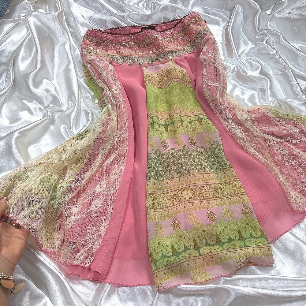 y2k Skirt Pink Excellent Wet Seal Lace Sequin Boho Fairycore Midi Skirt Small